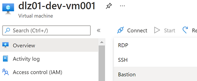 schermopname van het deelvenster Overzicht voor het maken van verbinding met een virtuele machine met behulp van Azure Bastion.