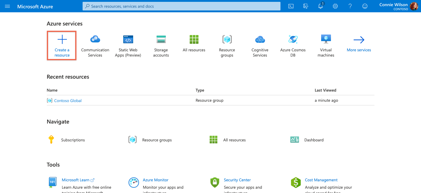 Schermopname met de knop Een resource maken in Azure Portal gemarkeerd.