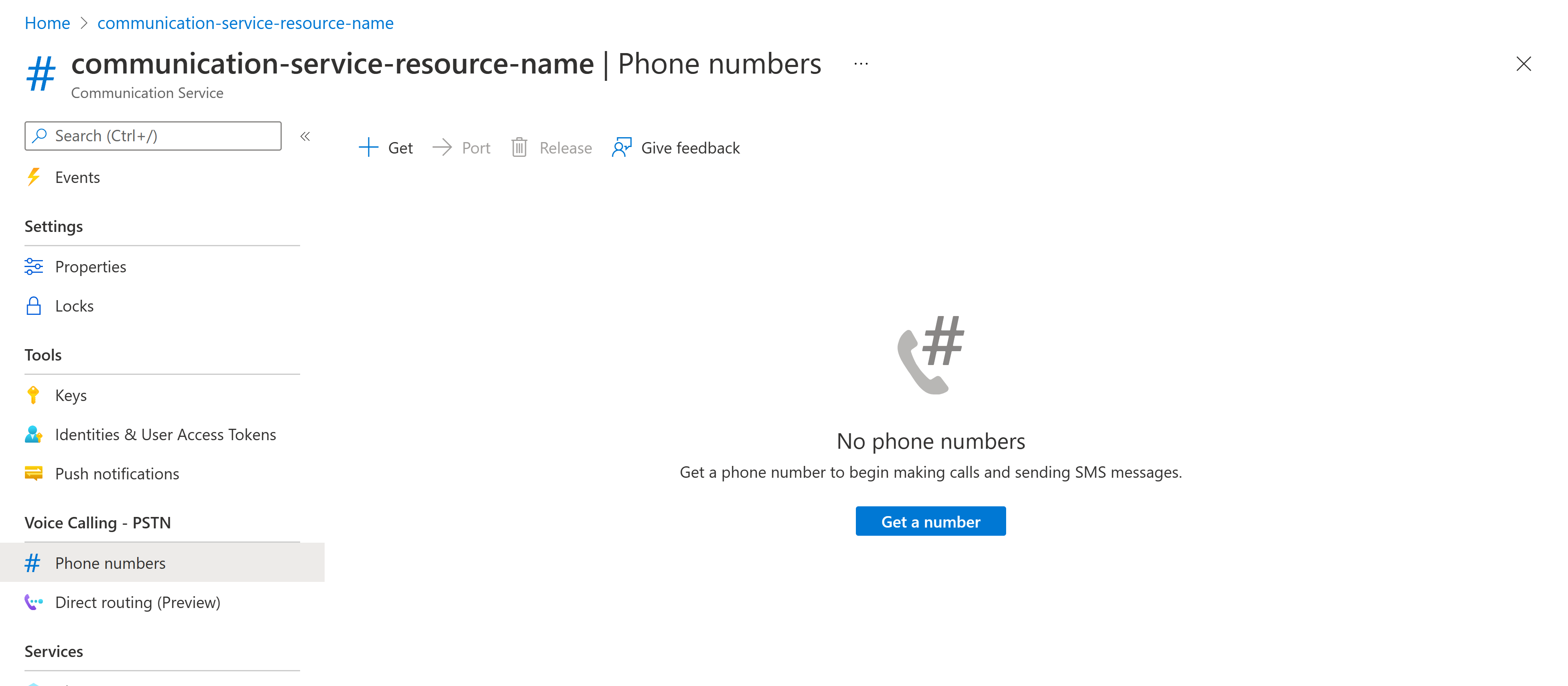 Schermopname van de telefoonnummerpagina van een Communicatie Services-resource.