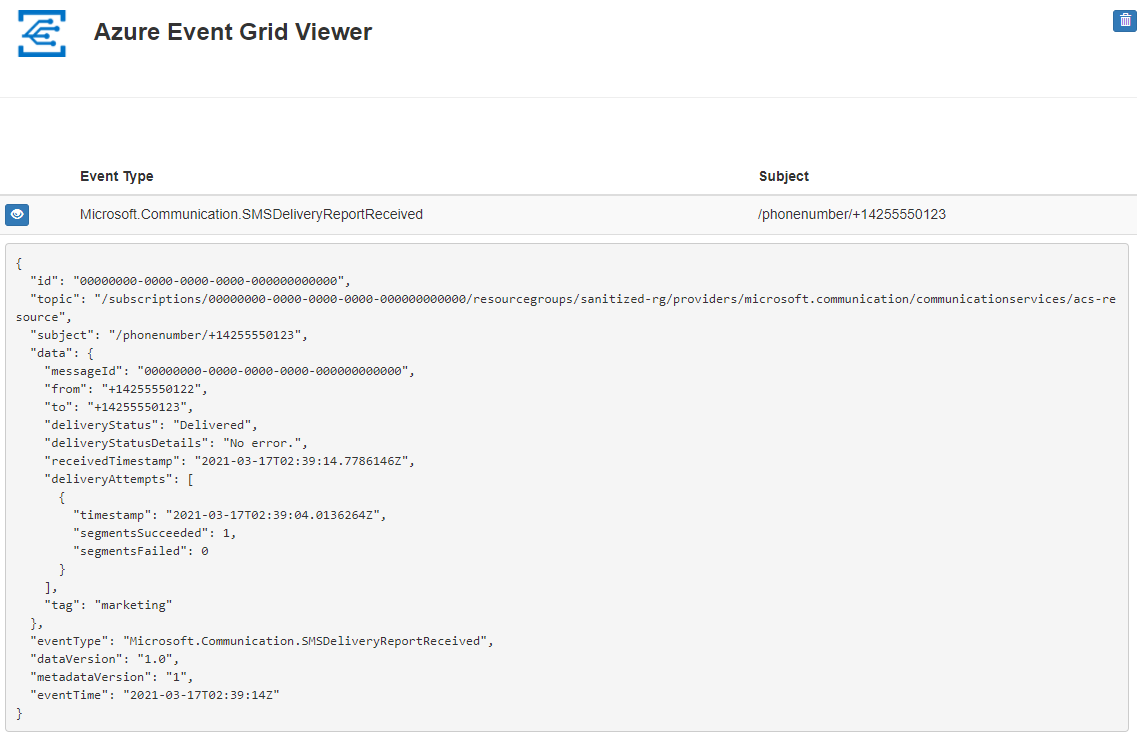 Schermopname van de Azure Event Grid viewer met het Event Grid-schema voor een rapport voor sms-bezorging.