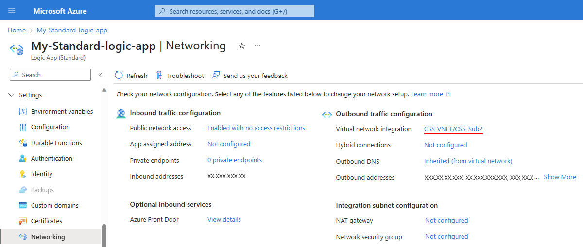 Schermopname van De Azure-portal, de resource van de standaard logische app, de pagina Netwerken met het geselecteerde virtuele netwerk en subnet.