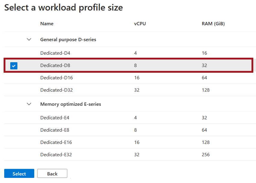 Schermopname van het venster om een workloadprofielgrootte te selecteren.