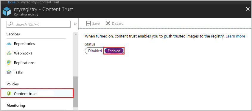 Schermopname van het inschakelen van inhoudsvertrouwen voor een register in Azure Portal.