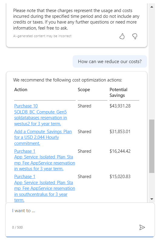 Schermopname van Microsoft Copilot in Azure met een lijst met aanbevelingen om de kosten te verlagen.