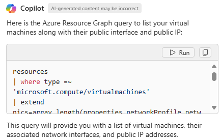 Schermopname van Microsoft Copilot in Azure die reageert op een aanvraag om VM's weer te geven.