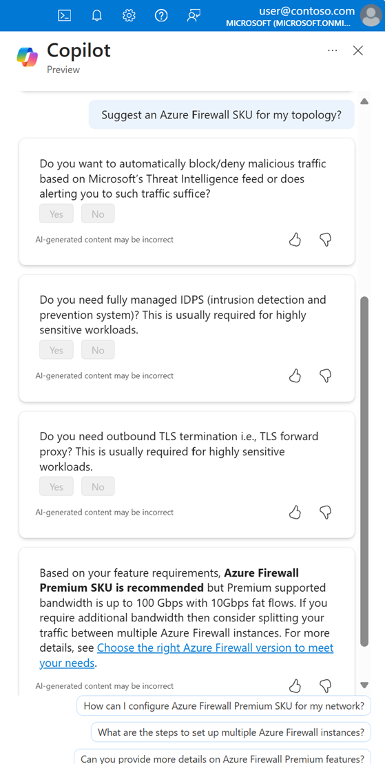 Schermopname van Copilot die een Azure Firewall-SKU voorstelt voor mijn topologie.