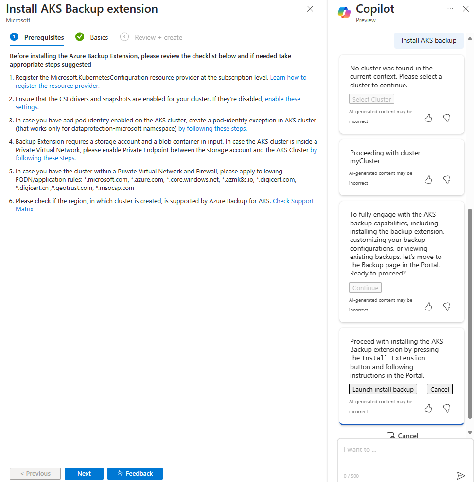 Schermopname van Microsoft Copilot in Azure die het installatieproces voor de back-upextensie voor een AKS-cluster start.