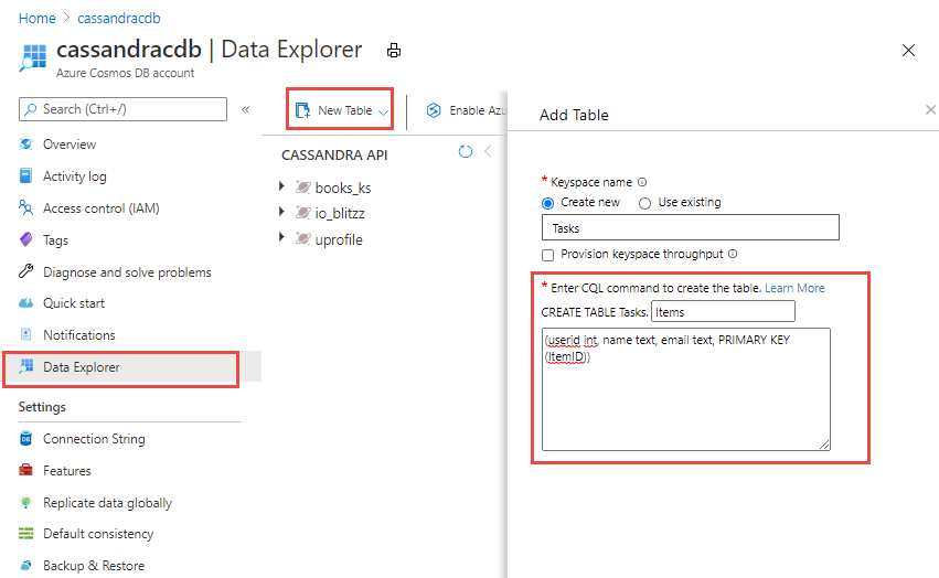 Schermopname van Data Explorer bij het maken van een nieuwe verzameling met doorvoer op databaseniveau