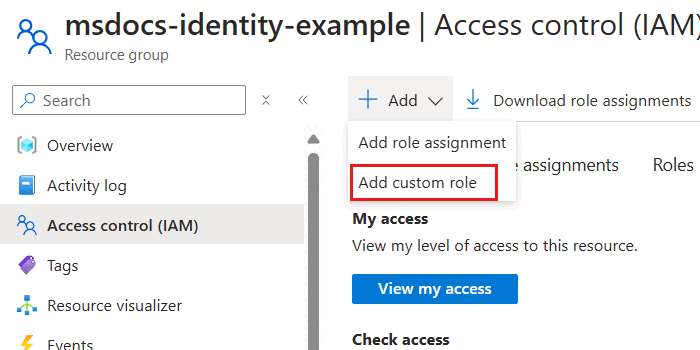 Schermopname van de optie Aangepaste rol toevoegen in het menu Toegangsbeheer (IAM) voor de optie Toevoegen.