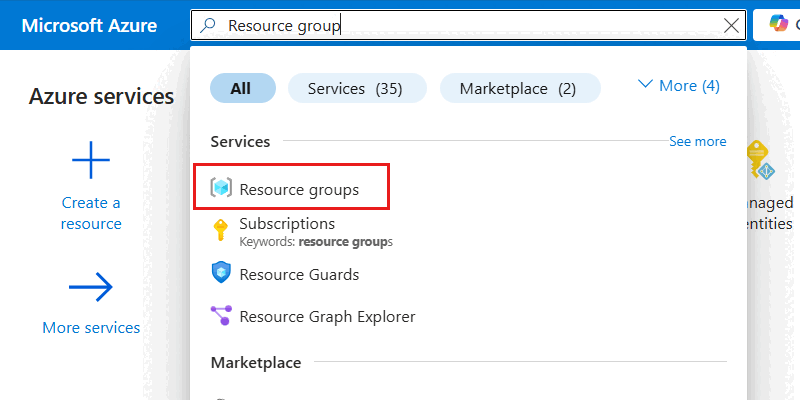 Schermopname van de optie Resourcegroepen geselecteerd in het zoekmenu.