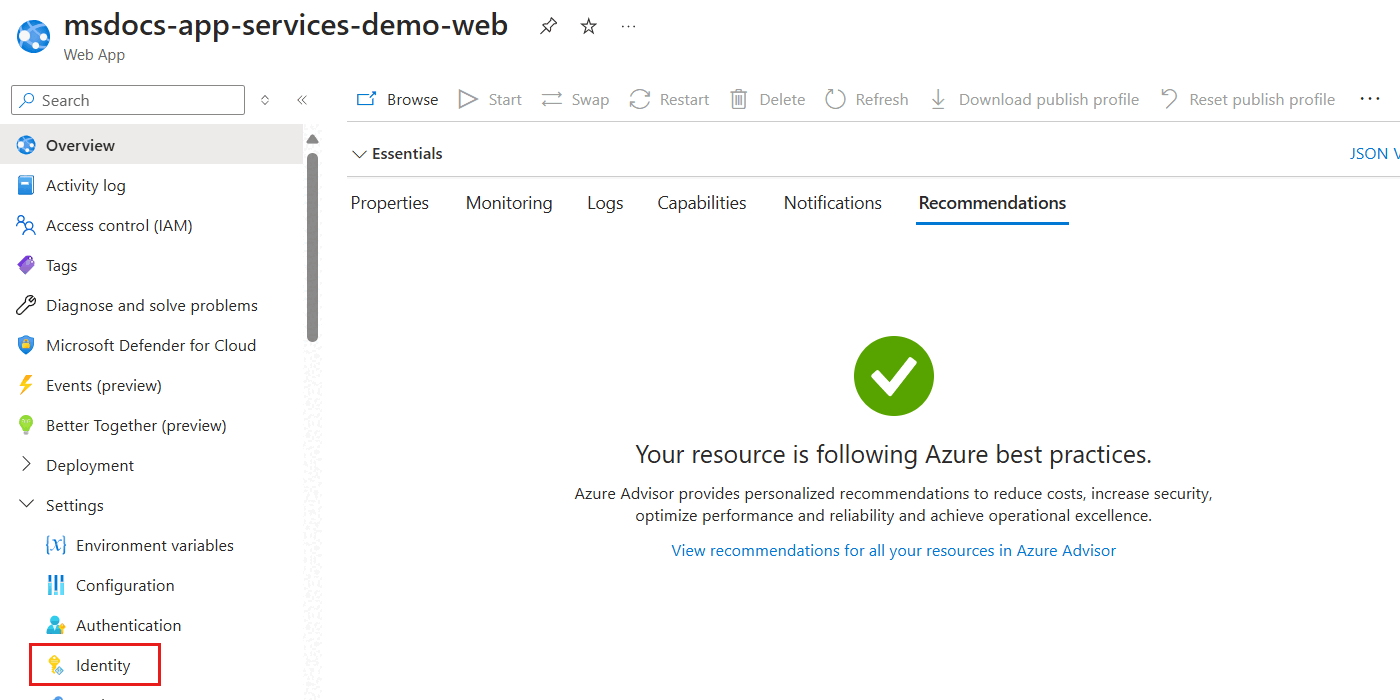 Schermopname van de optie Identiteit in het servicemenu voor de web-app.