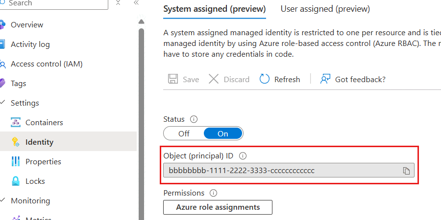 Schermopname van de details voor een door het systeem toegewezen beheerde identiteit.