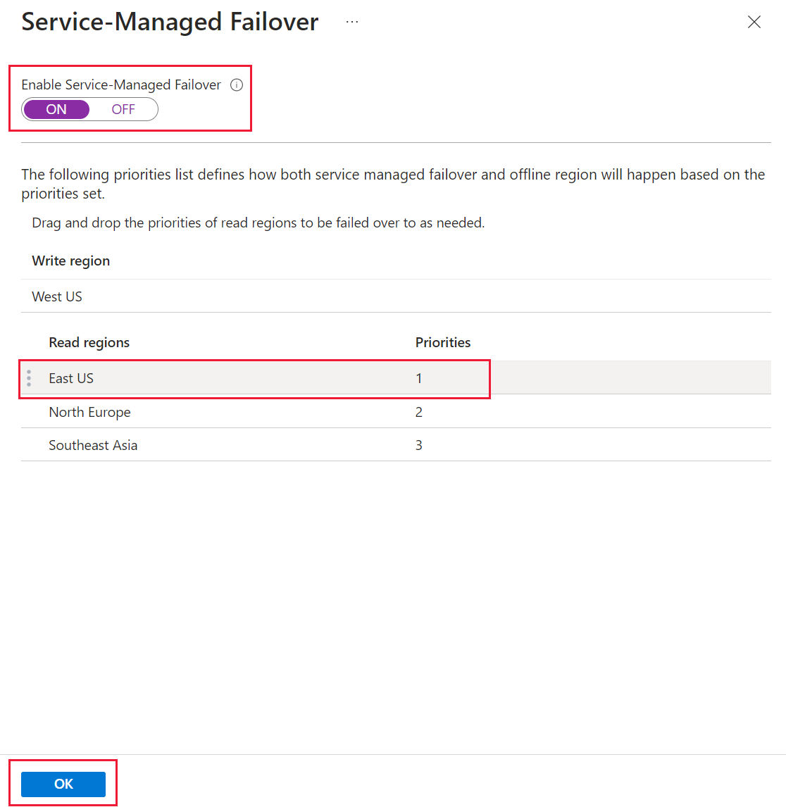 Schermopname van het menu Service Managed Failover Portal.