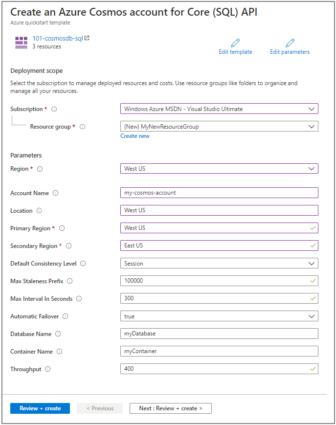 ARM-sjabloon, Azure Cosmos DB-integratie, portal voor implementeren