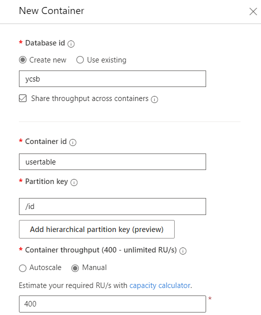 Schermopname van het dialoogvenster Nieuwe container op de pagina Data Explorer.