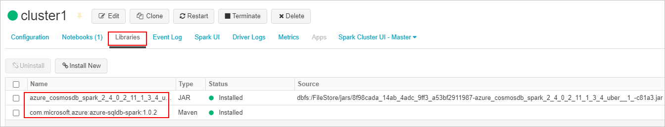 Schermopname van het maken en koppelen van de vereiste SQL-connector en Azure Cosmos DB-connectorbibliotheken aan ons Azure Databricks-cluster.