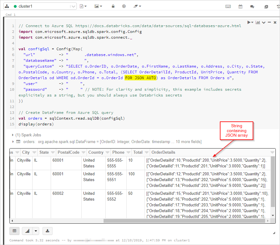 Schermopname van de SQL-queryuitvoer in een DataFrame.