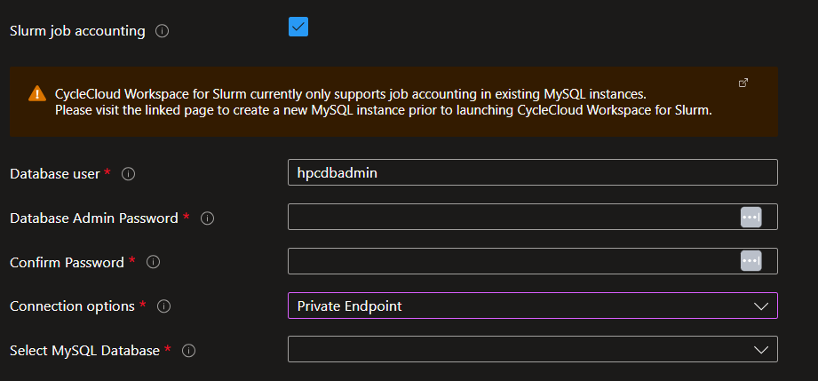 Schermopname van de opties voor het instellen van Slurm voor de database voor taakboekhouding, directe FQDN-