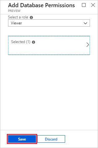 Schermopname van het deelvenster Databasemachtigingen toevoegen in de Azure Portal. De knop Opslaan is gemarkeerd.