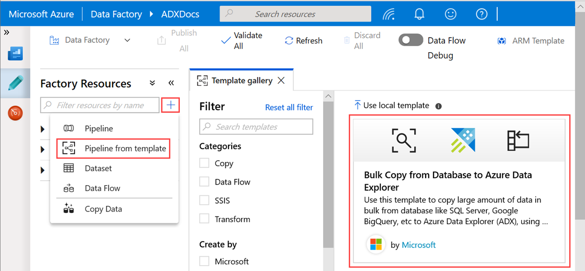 De sjabloon 'Bulksgewijs kopiëren van database naar Azure Data Explorer'