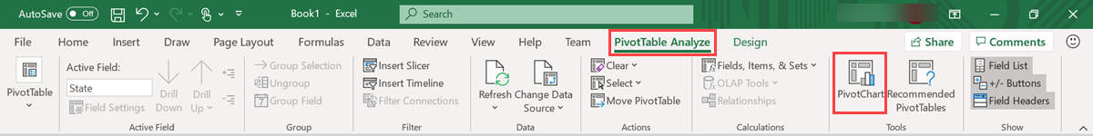 Screenshot of the PivotTable analyze menu.