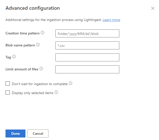 Schermopname van het deelvenster Geavanceerde configuratie met de aanvullende instellingen voor de opnameverwerking met het hulpprogramma LightIngest.