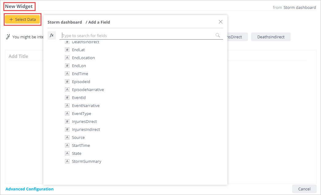 Velden toevoegen aan het StormEvents-dashboard.