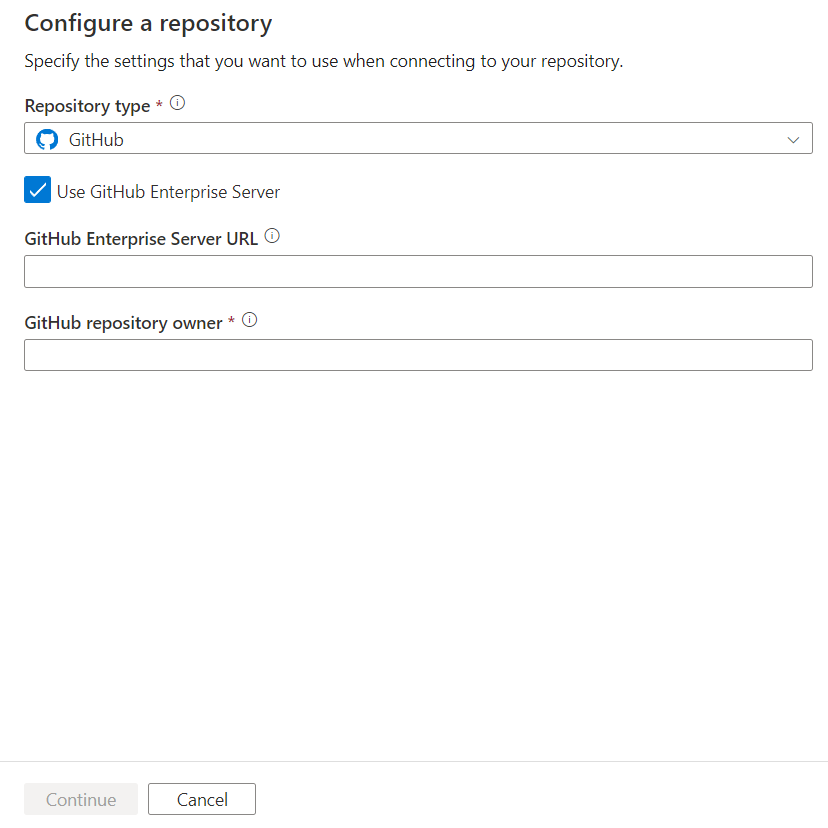 Schermopname van GitHub Configure a repository using enterprise server pane.