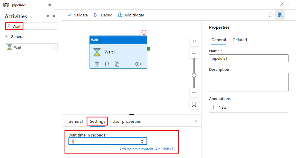 Toont de gebruikersinterface voor een wachtactiviteit.