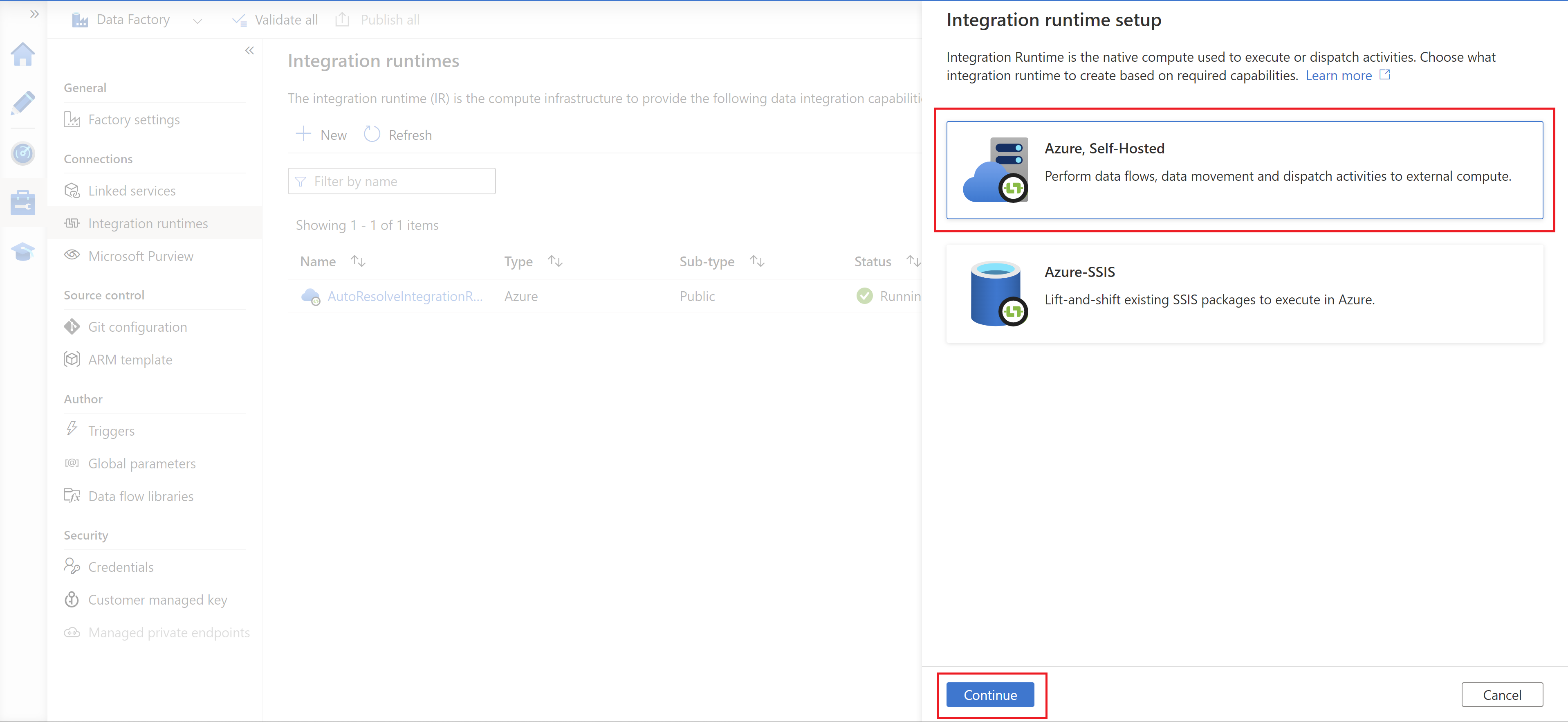 Schermopname van de zelf-hostende Integration Runtime-optie van Azure.