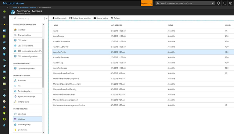 Schermopname van een lijst met modules in Azure Automation.