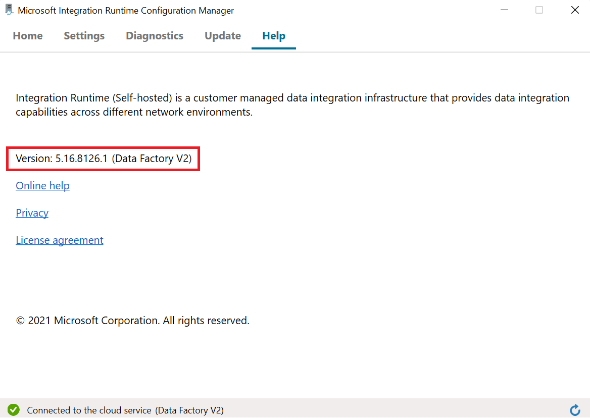 Schermopname van de versie in de zelf-hostende Integration Runtime-client.