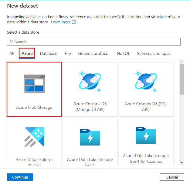 Toont een schermopname van de knop Azure Blob Storage selecteren.