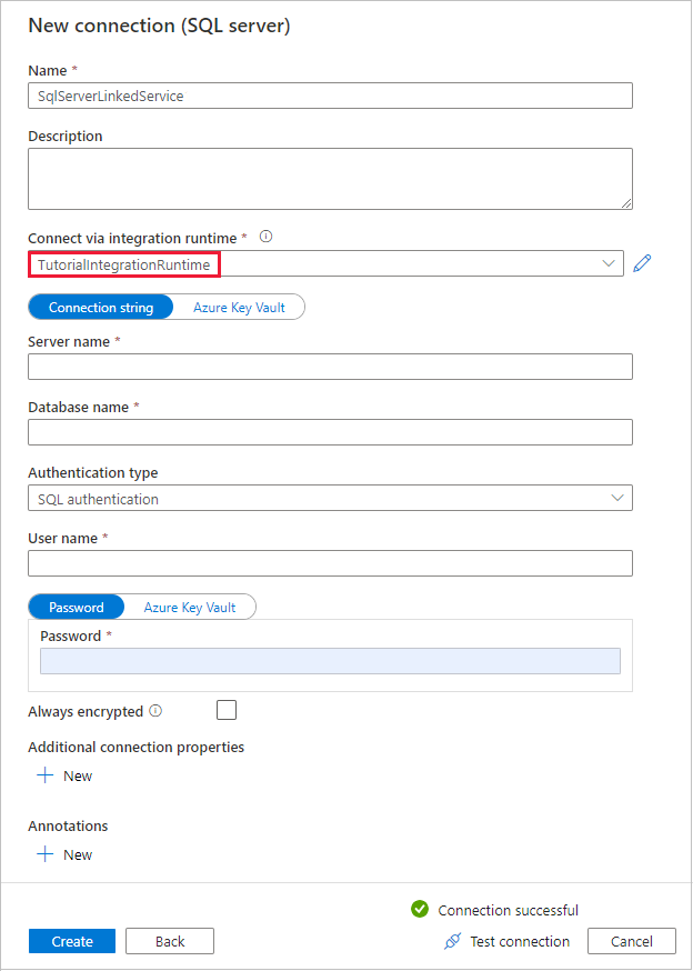 Integratieruntime geselecteerd