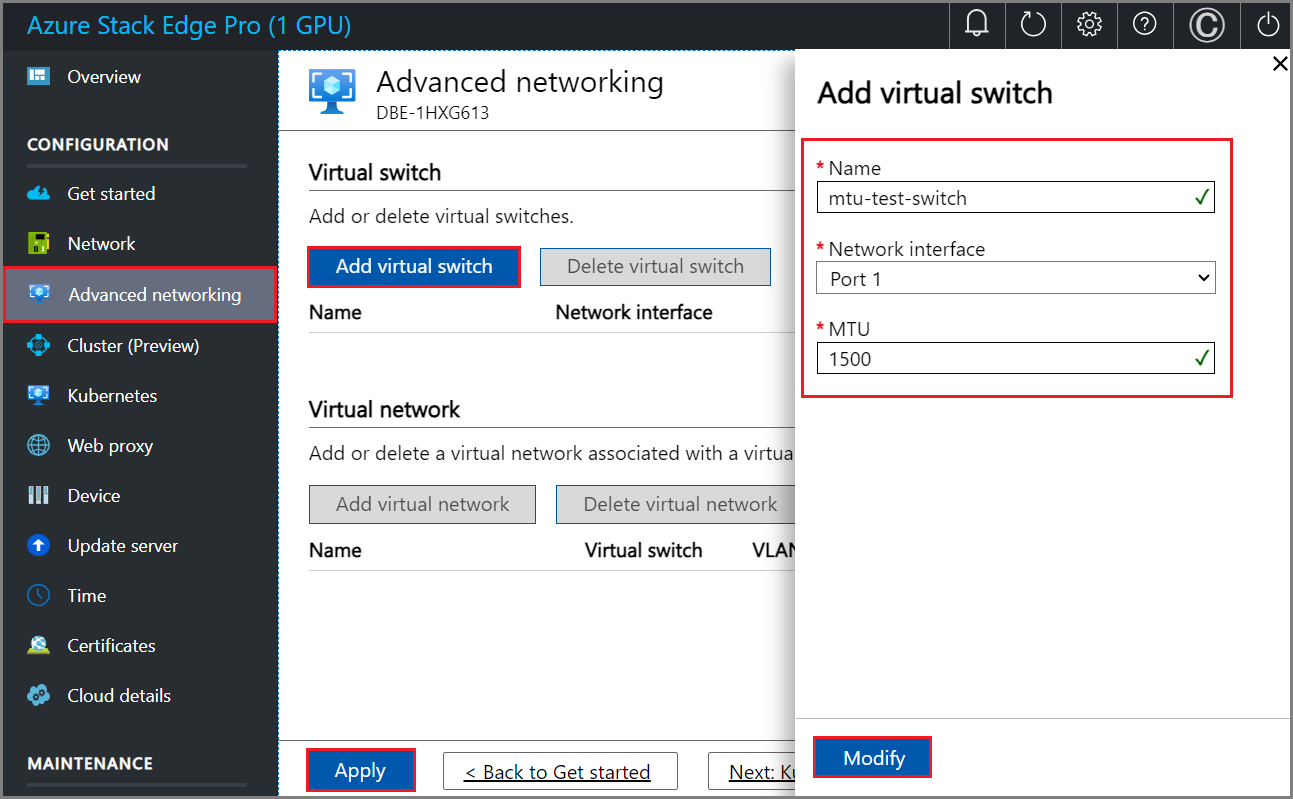 Schermopname van de instellingen voor een virtuele switch toevoegen op de pagina Geavanceerd netwerken in de lokale gebruikersinterface