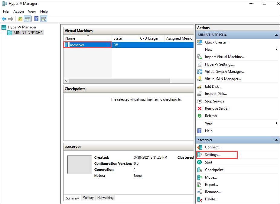 Open Instellingen voor uw virtuele machine in Hyper-V-beheer