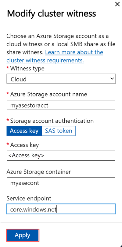 Schermopname van de pagina Cluster van lokale webgebruikersinterface met cloudwitnesstype geselecteerd op de blade Clusterwitness wijzigen op het eerste knooppunt.