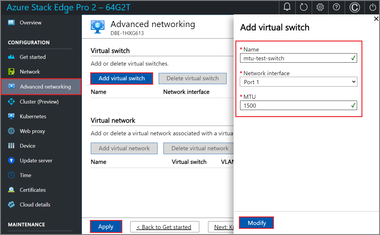 Schermopname van de instellingen voor een virtuele switch toevoegen op de pagina Geavanceerd netwerken in de lokale gebruikersinterface.