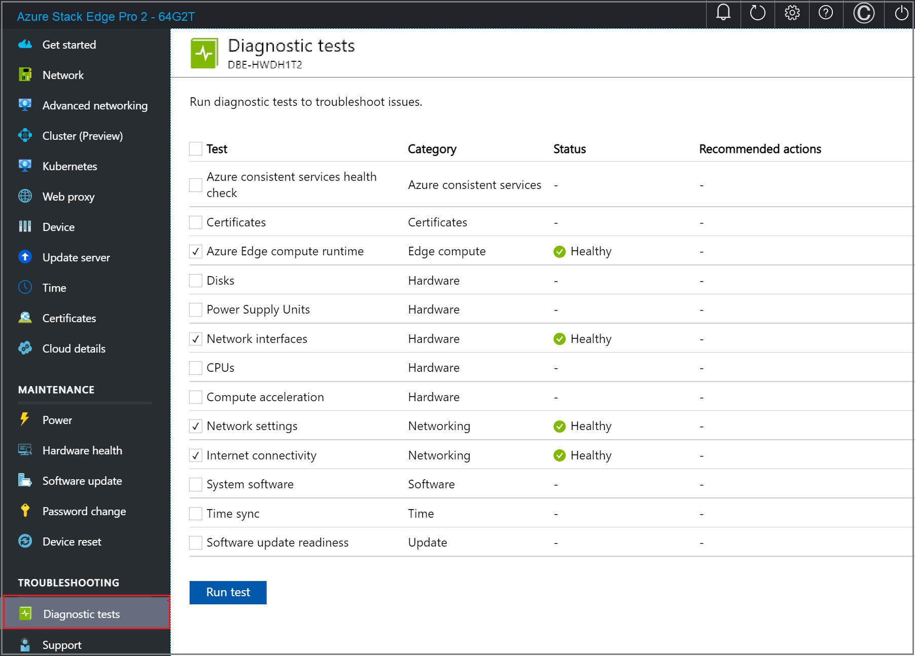 Schermopname van de pagina Diagnostische testresultaten in de lokale webgebruikersinterface van een Azure Stack Edge-apparaat.