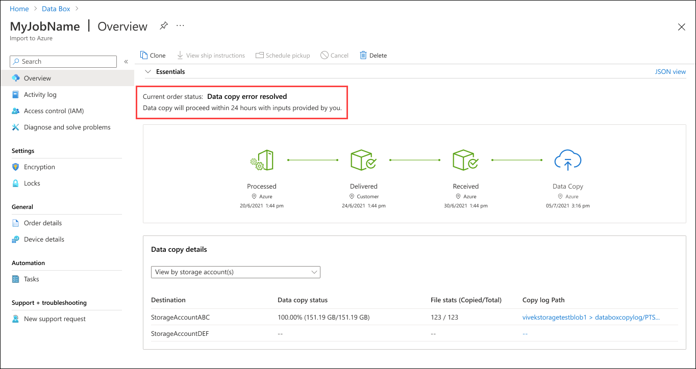 Schermopname van een Data Box-bestelling met de status Opgeloste gegevenskopie. De orderstatus en het schema voor de procedure zijn gemarkeerd.