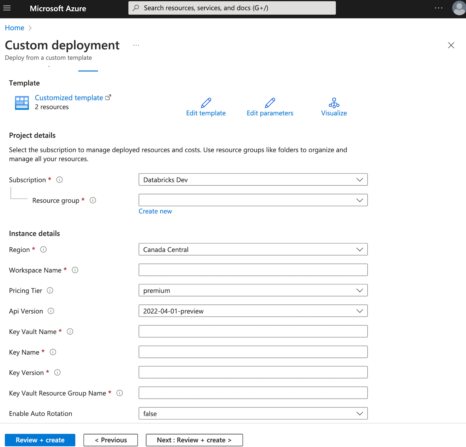 Pagina met projectdetails van de aangepaste Azure-implementatieportal