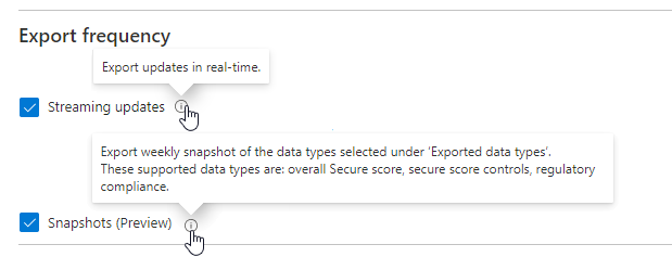 Schermopname van de exportfrequentieopties die u wilt selecteren voor continue export in de werkmap Secure Score in de loop van de tijd.