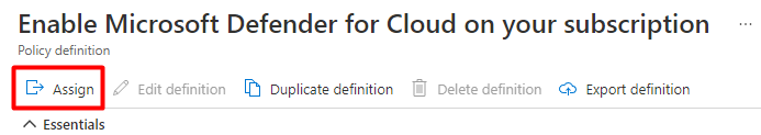 Schermopname die laat zien hoe u de definitie Inschakelen Defender voor Cloud toewijst aan uw abonnement.