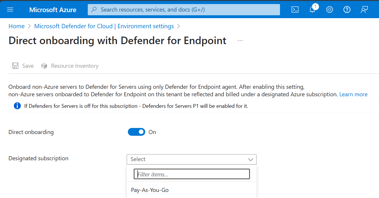 Schermopname van onboarding van niet-Azure-servers met Defender voor Eindpunt.