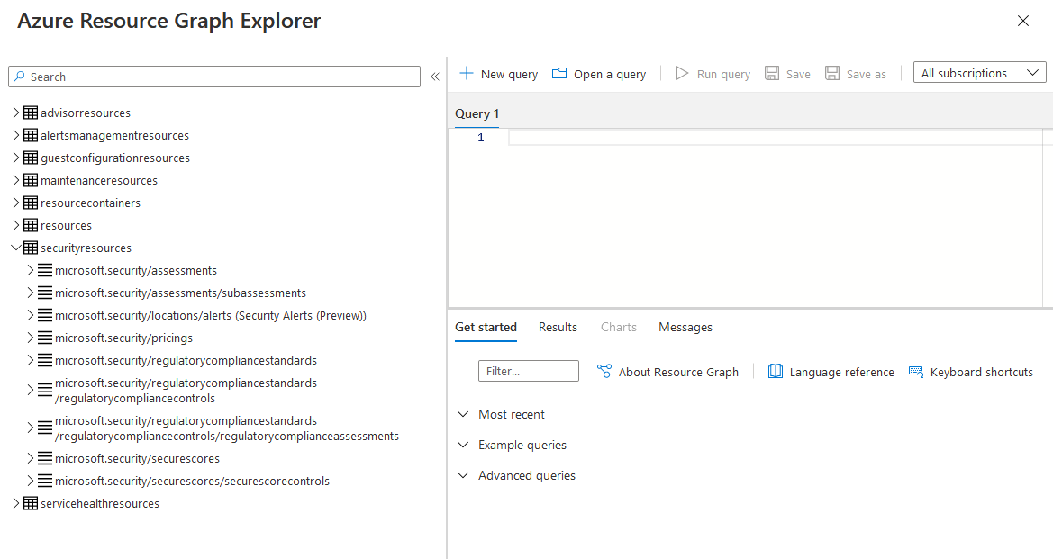 Azure Resource Graph Explorer en de beschikbare tabellen.