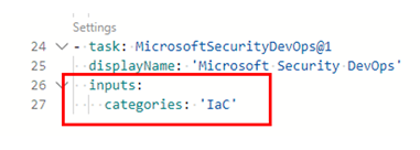 Schermopname van waar u de regel IaC-categorieën toevoegt in het YAML-bestand voor pijplijnconfiguratie.