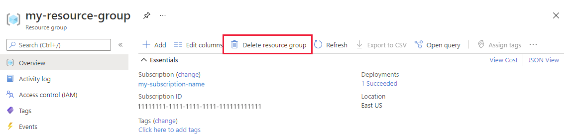 Gedeeltelijke schermafbeelding van Azure Portal, waarbij u Resourcegroep verwijderen selecteert op de pagina Resourcegroep.