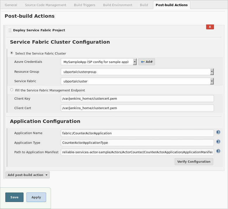 Service Fabric Jenkins-actie na de build - Azure-referenties configureren