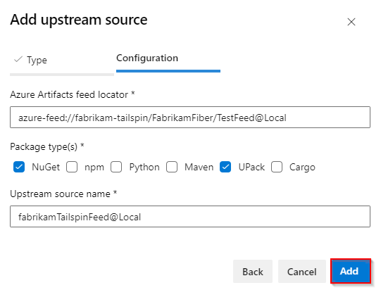 Een schermopname van het toevoegen van een feed in een andere organisatie als een upstream-bron.