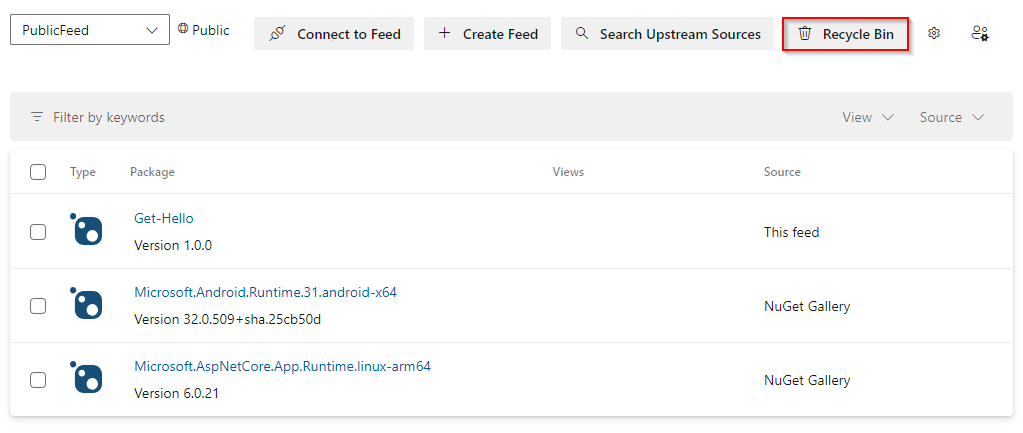 Een schermopname die laat zien hoe u toegang hebt tot de prullenbak in Azure Artifacts.